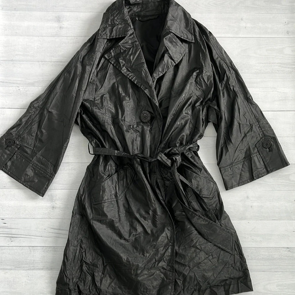 Vintage Weill Black Leather Look Trench Coat Size M - Picture 1 of 6